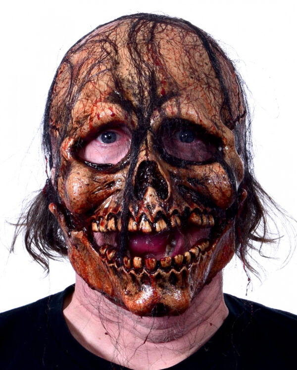 Blutige Totenkopf Maske mit Haaren & beweglichem Kiefer